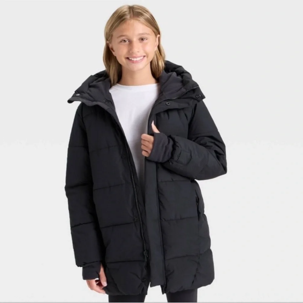 All In Motion Girls Hooded Mid-Length Puffer Jacket - Black Large (10/12) NWOT